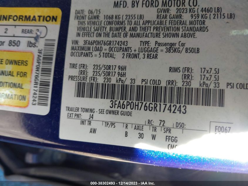 2016 FORD FUSION SE - 3FA6P0H76GR174243