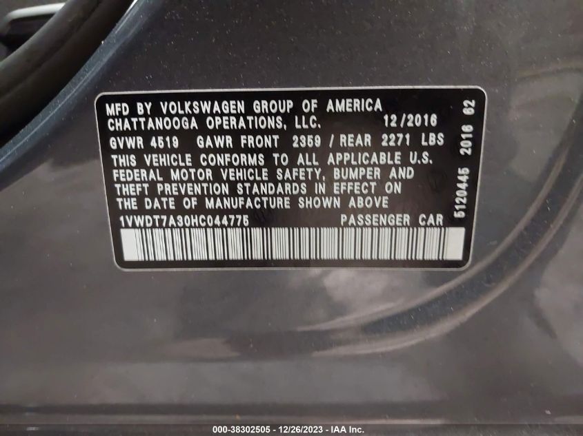 2017 VOLKSWAGEN PASSAT 1.8T R-LINE - 1VWDT7A30HC044775