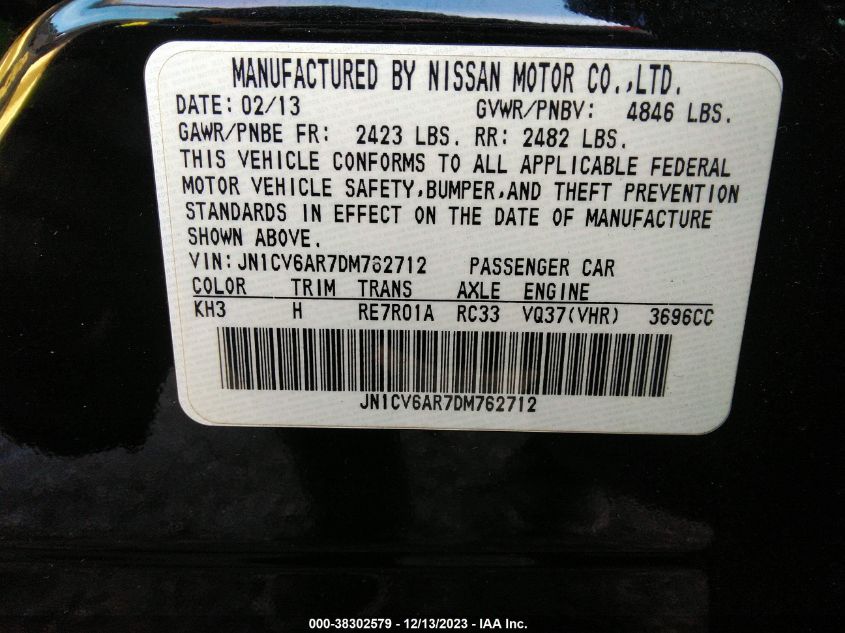 2013 INFINITI G37X JN1CV6AR7DM762712