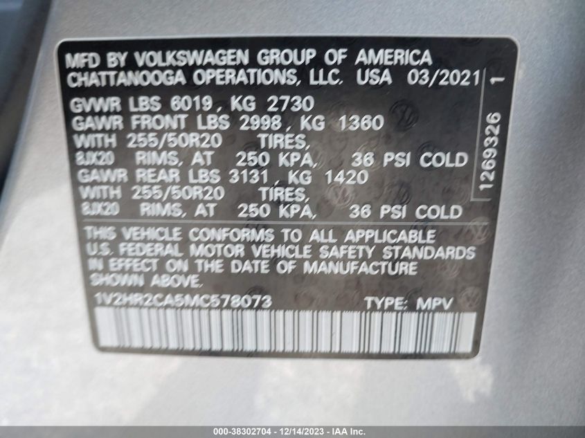 2021 VOLKSWAGEN ATLAS 3.6L V6 SE W/TECHNOLOGY - 1V2HR2CA5MC578073