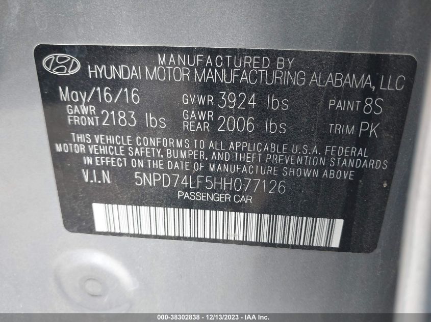 2017 HYUNDAI ELANTRA SE - 5NPD74LF5HH077126