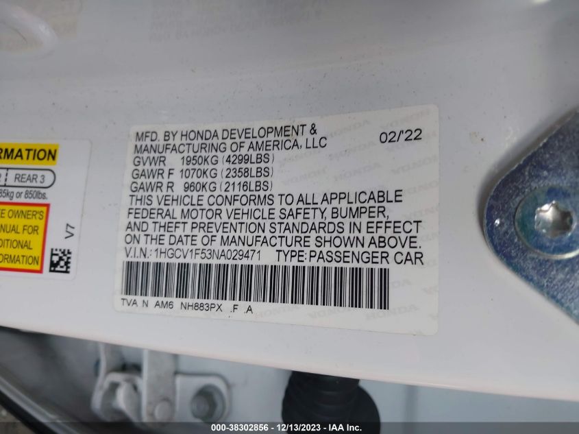 2022 HONDA ACCORD EXL - 1HGCV1F53NA029471