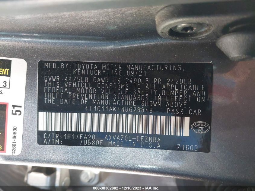 2022 TOYOTA CAMRY LE - 4T1C11AK4NU628848