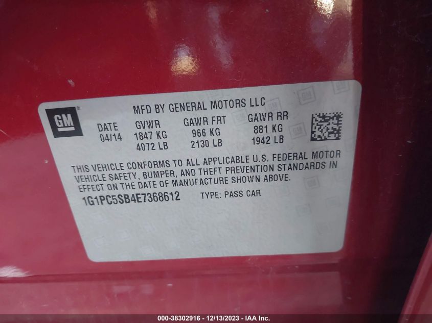 2014 CHEVROLET CRUZE 1LT AUTO - 1G1PC5SB4E7368612