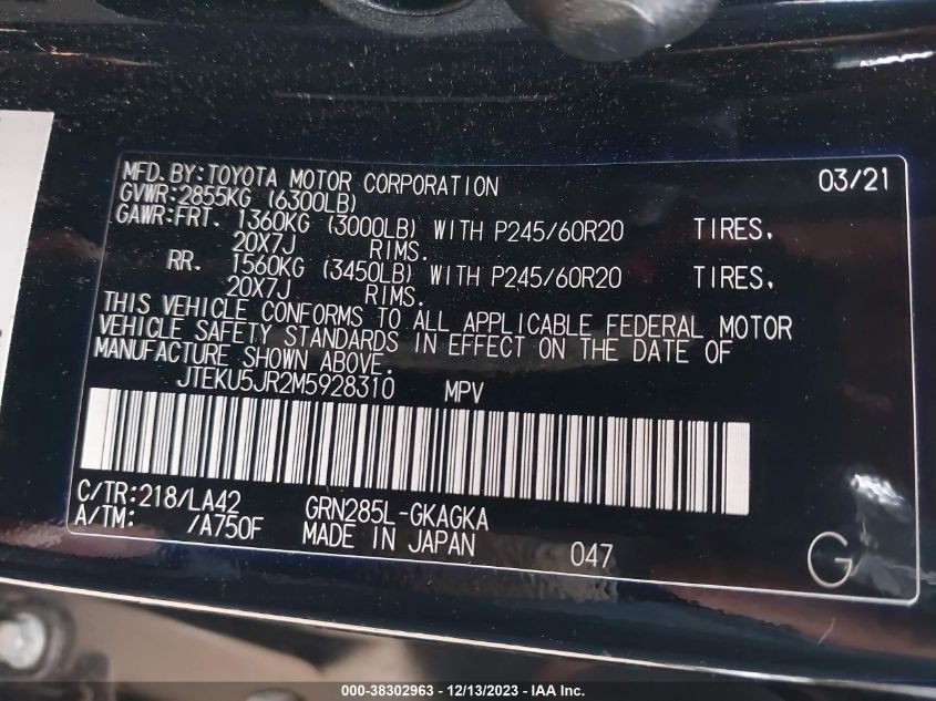 2021 TOYOTA 4RUNNER TRAIL/SR5/SR5 PREMIUM/LIM - JTEKU5JR2M5928310
