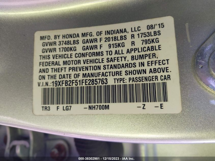 2015 HONDA CIVIC LX - 19XFB2F51FE285763