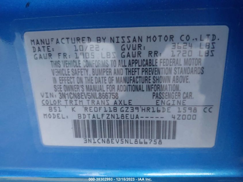 2022 NISSAN VERSA SV - 3N1CN8EV5NL866758