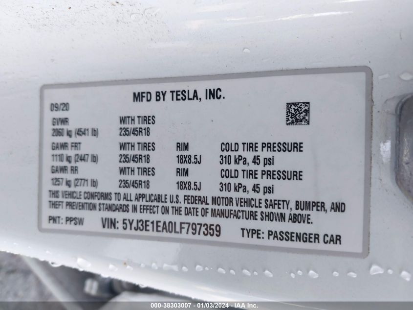 2020 TESLA MODEL 3 STANDARD RANGE PLUS REAR-WHEEL DRIVE/STANDARD RANGE REAR-WHEEL DRIVE - 5YJ3E1EA0LF797359