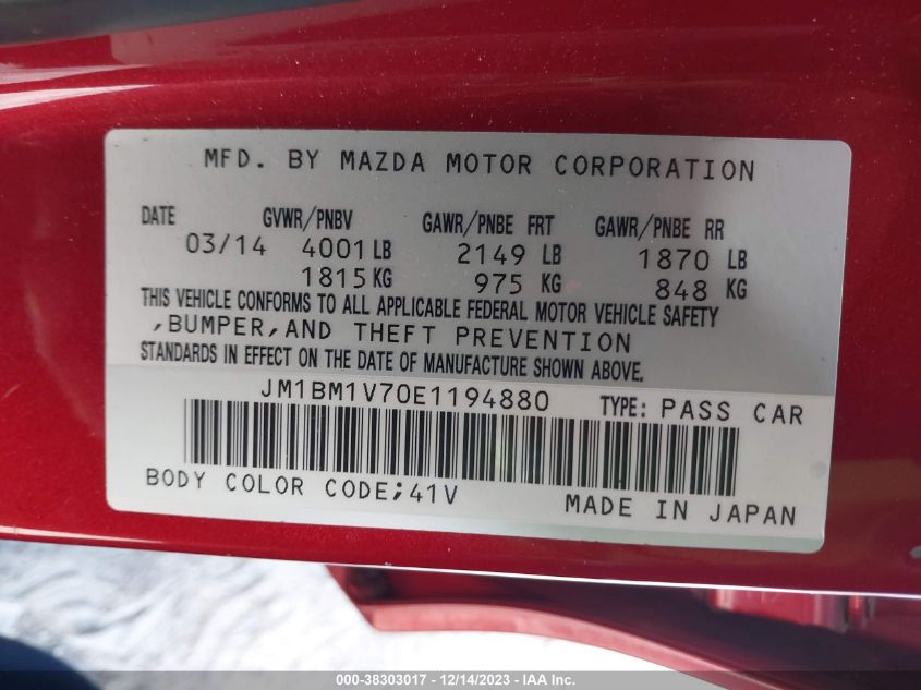 JM1BM1V70E1194880 | 2014 MAZDA MAZDA3