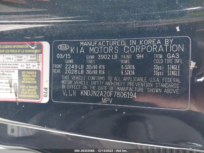 2015 KIA SOUL - KNDJN2A20F7806194