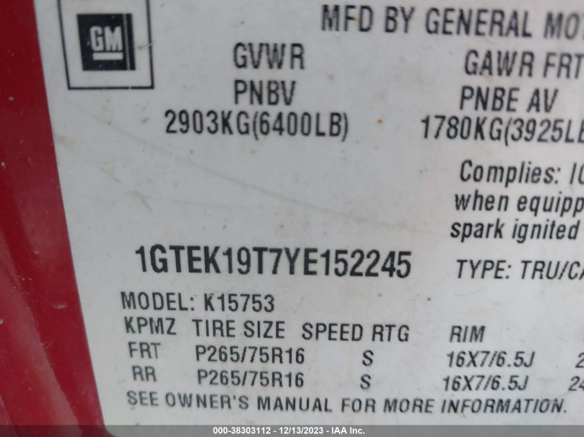 1GTEK19T7YE152245 | 2000 GMC NEW SIERRA 1500