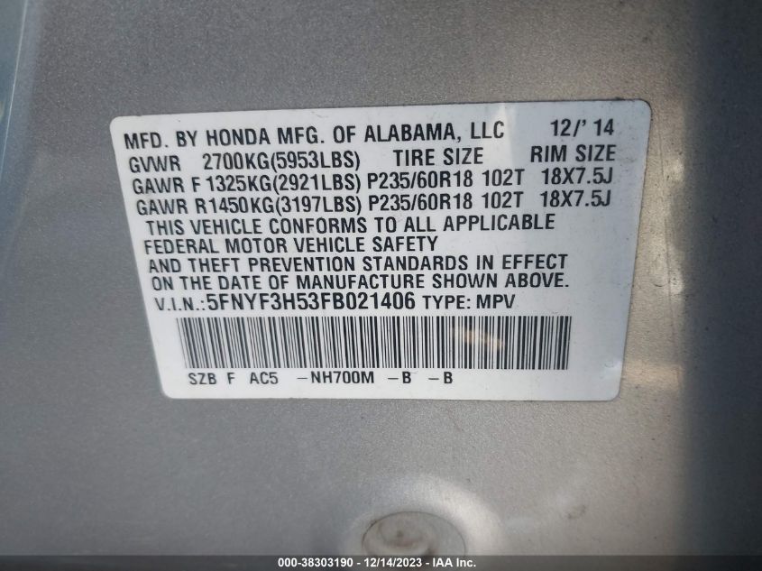 2015 HONDA PILOT EX-L - 5FNYF3H53FB021406