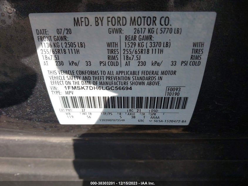 VIN 1FMSK7DH6LGC56694 2020 FORD EXPLORER XLT