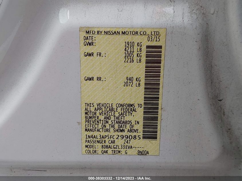 2015 NISSAN ALTIMA 2.5/2.5 S/2.5 SL/2.5 SV - 1N4AL3AP5FC299085