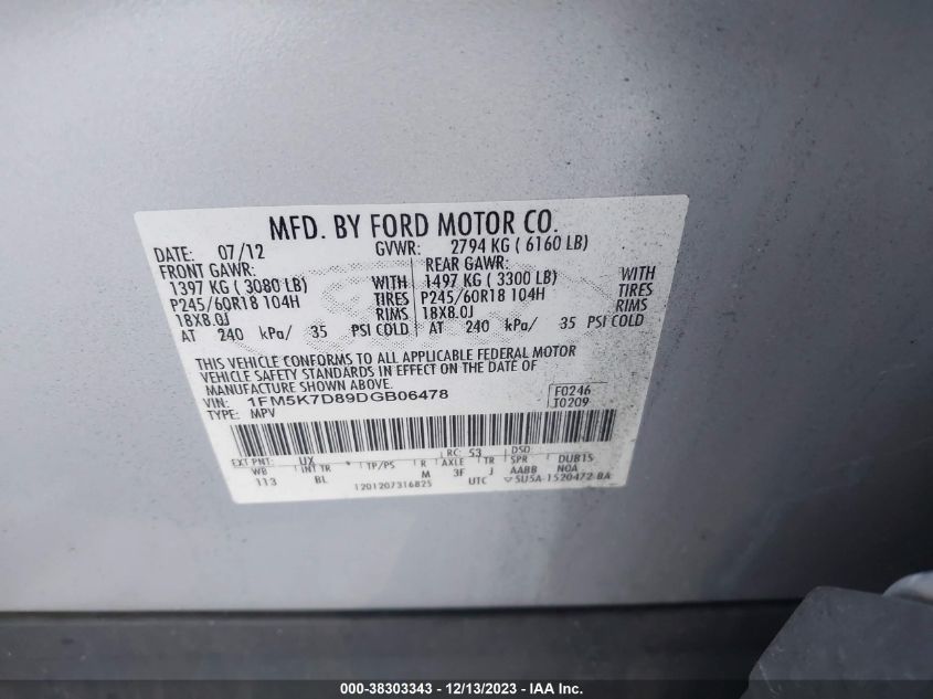 2013 FORD EXPLORER XLT - 1FM5K7D89DGB06478