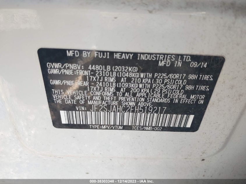 2015 SUBARU FORESTER 2.5I LIMITED - JF2SJAHC2FH519217