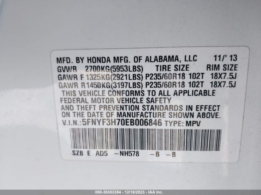 2014 HONDA PILOT EX-L - 5FNYF3H70EB006846