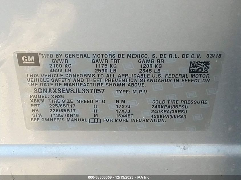 2018 CHEVROLET EQUINOX LT - 3GNAXSEV8JL337057
