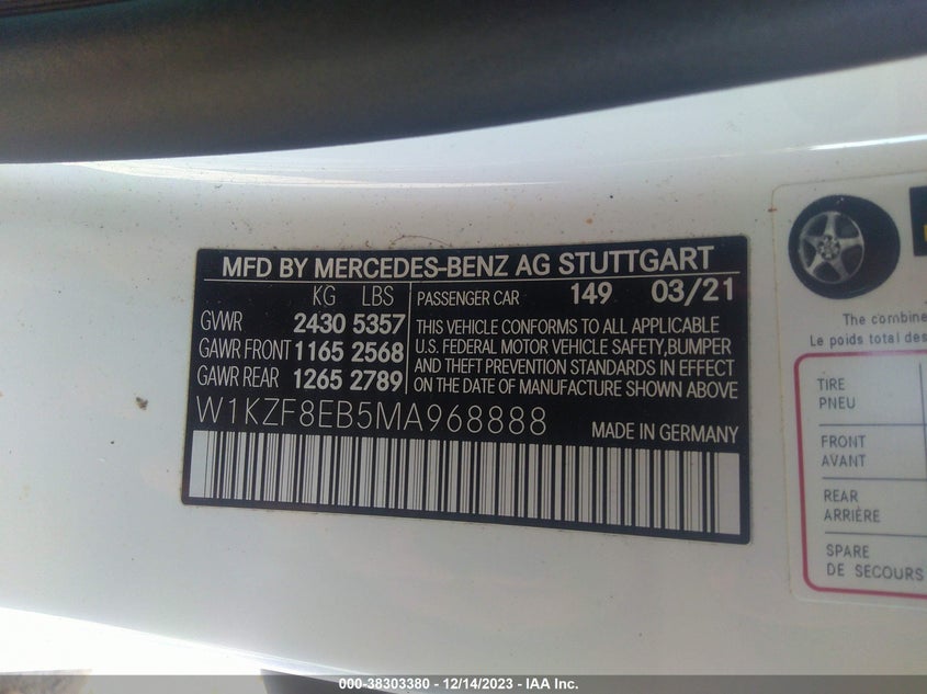 VIN: W1KZF8EB5MA968888 2021 MERCEDES-BENZ E 350 4MATIC