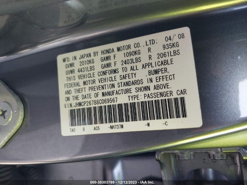 JHMCP26788C069567 | 2008 HONDA ACCORD SDN