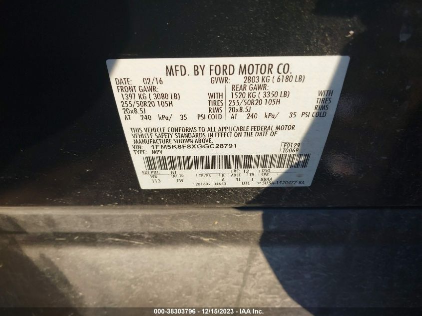 2016 FORD EXPLORER LIMITED - 1FM5K8F8XGGC28791