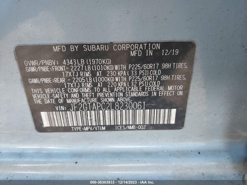 2020 SUBARU CROSSTREK PREMIUM - JF2GTAPC2L8230061