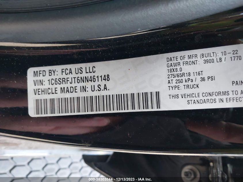2022 RAM 1500 LARAMIE - 1C6SRFJT6NN461148