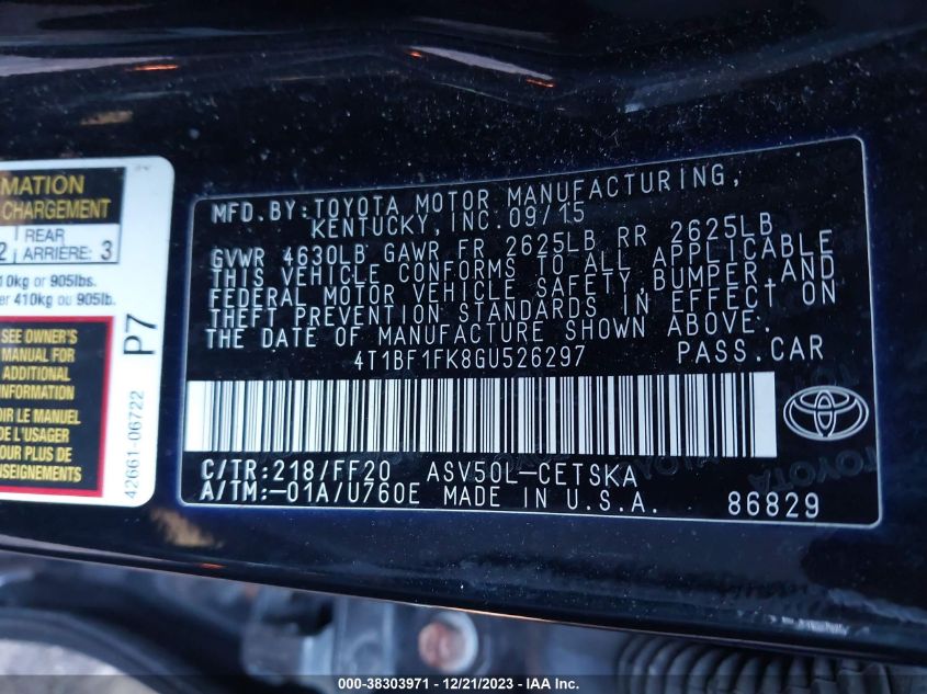 2016 TOYOTA CAMRY SE - 4T1BF1FK8GU526297