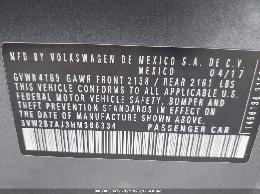 2017 VOLKSWAGEN JETTA S - 3VW2B7AJ3HM366334