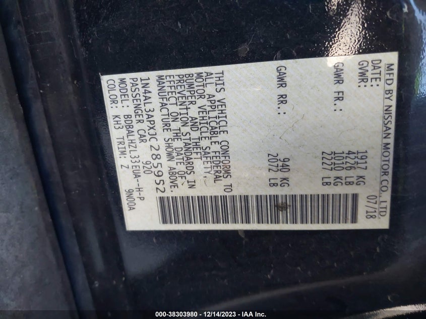 VIN 1N4AL3APXJC285952 2018 NISSAN ALTIMA 2.5 SR