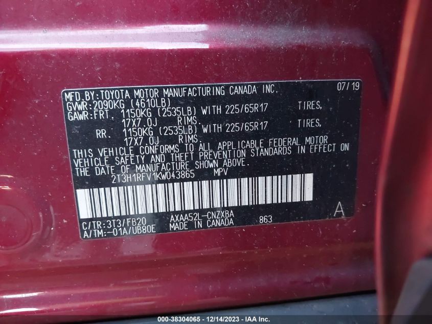 2019 TOYOTA RAV4 LE - 2T3H1RFV1KW043865