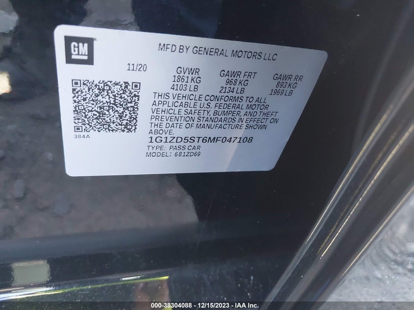 VIN 1G1ZD5ST6MF047108 2021 CHEVROLET MALIBU LT