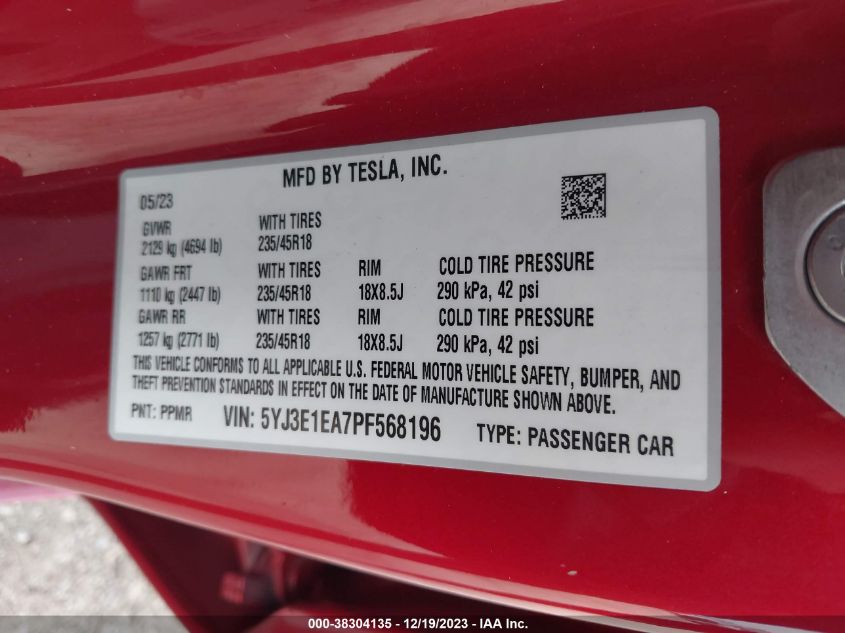 2023 TESLA MODEL 3 - 5YJ3E1EA7PF568196