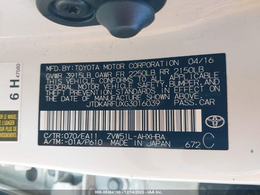 2016 TOYOTA PRIUS FOUR TOURING - JTDKARFUXG3016039