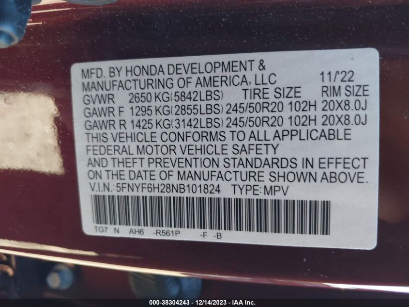 2022 HONDA PILOT AWD SPECIAL EDITION - 5FNYF6H28NB101824
