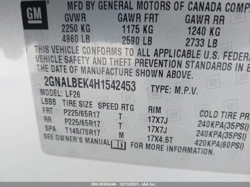 VIN 2GNALBEK4H1542453 2017 CHEVROLET EQUINOX LS