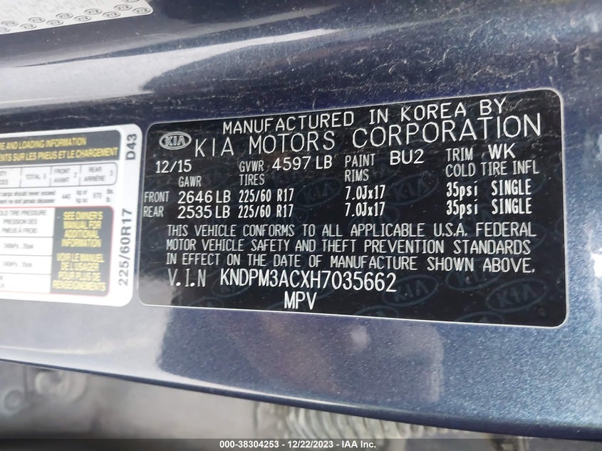 VIN KNDPM3ACXH7035662 2017 KIA SPORTAGE LX