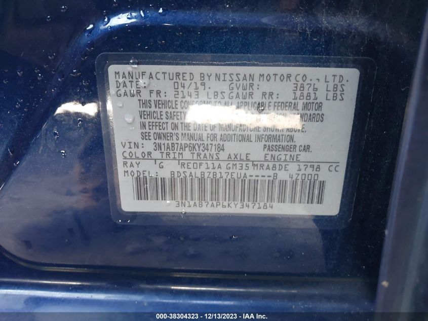 2019 NISSAN SENTRA S - 3N1AB7AP6KY347184