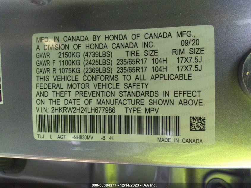 2020 HONDA CR-V AWD LX - 2HKRW2H24LH677986