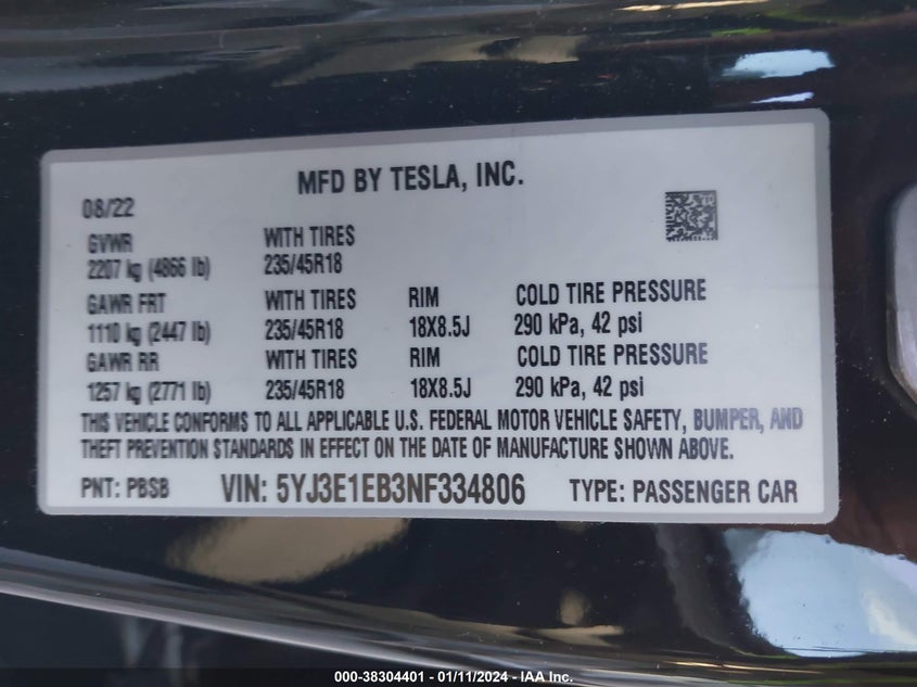 VIN 5YJ3E1EB3NF334806 2022 TESLA MODEL 3 LONG RANGE DUAL MOTOR ALL-WHEEL DRIVE