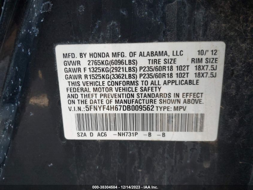 2013 HONDA PILOT EX-L - 5FNYF4H67DB009562