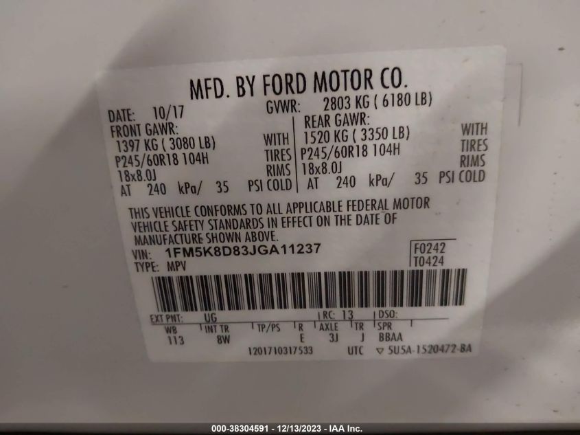 2018 FORD EXPLORER XLT - 1FM5K8D83JGA11237