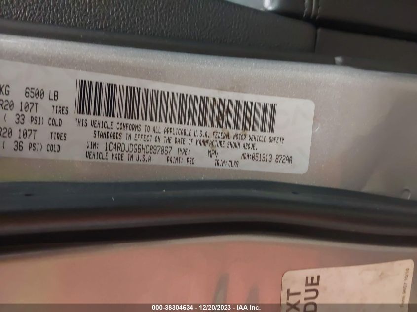 VIN 1C4RDJDG6HC897067 2017 DODGE DURANGO GT