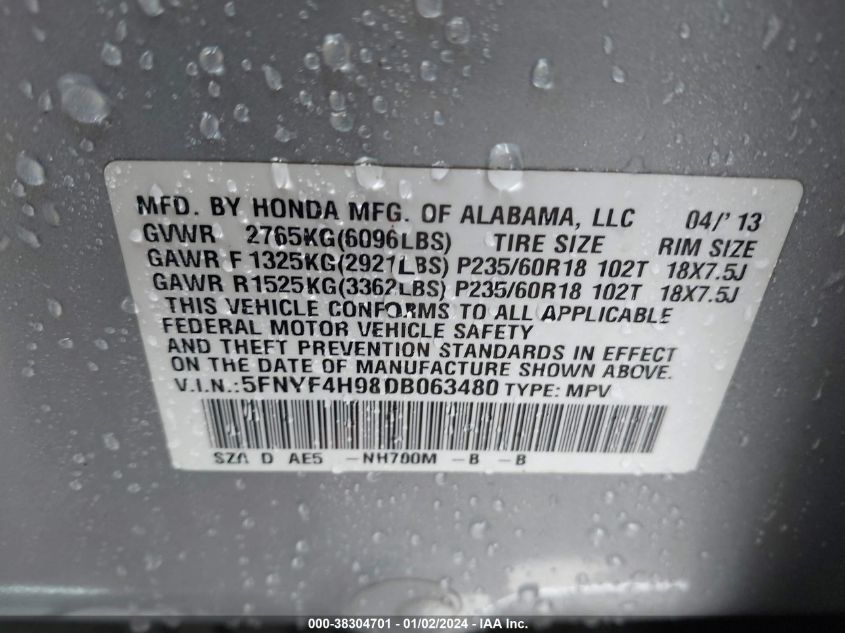 2013 HONDA PILOT TOURING - 5FNYF4H98DB063480