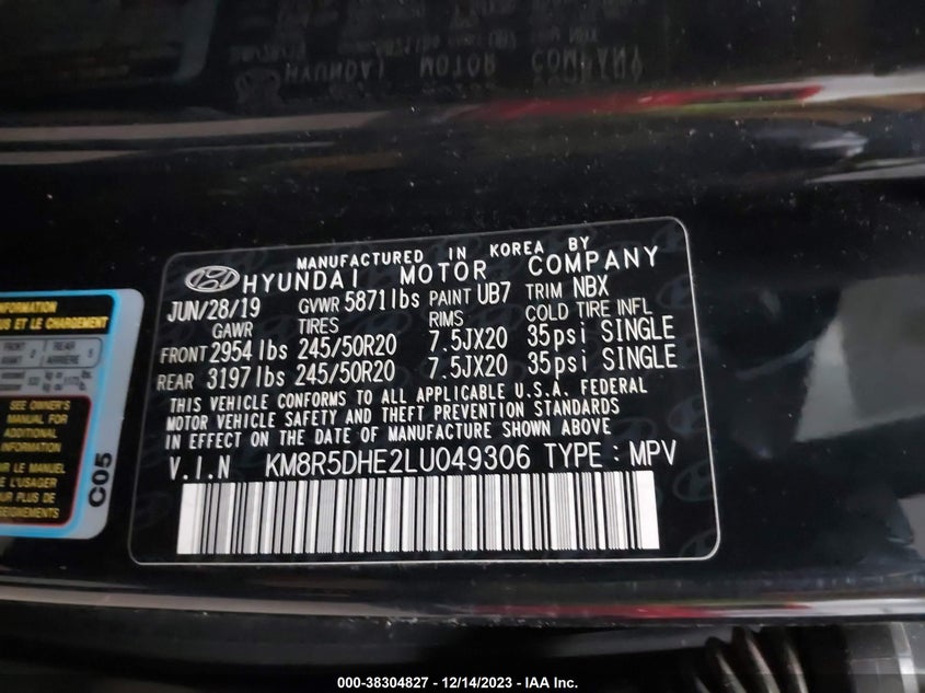 VIN KM8R5DHE2LU049306 2020 HYUNDAI PALISADE LIMITED