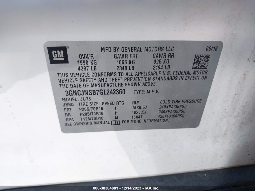 2016 CHEVROLET TRAX 1LS - 3GNCJNSB7GL242360