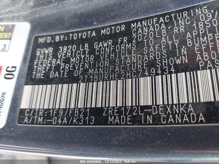2017 TOYOTA COROLLA L/LE/XLE/SE/XSE - 2T1BURHE2HC749434