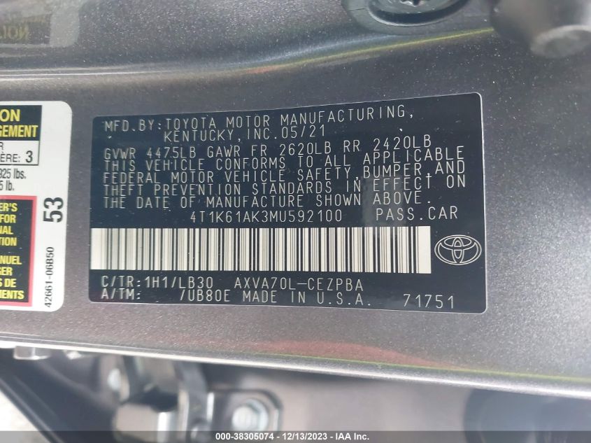 2021 TOYOTA CAMRY XSE - 4T1K61AK3MU592100