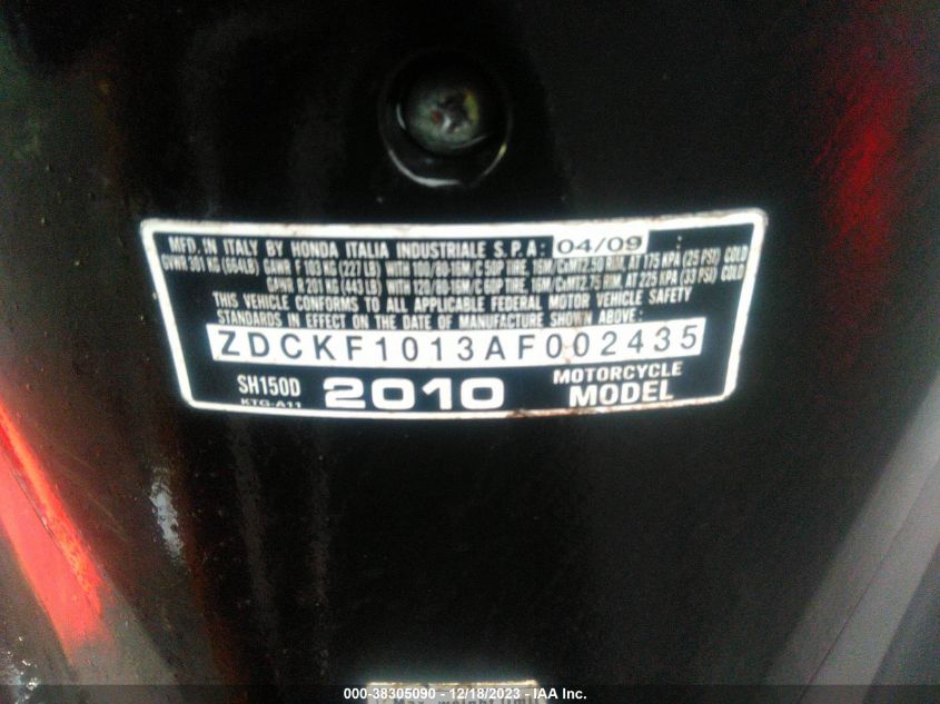 2010 HONDA SH150 D ZDCKF1013AF002435