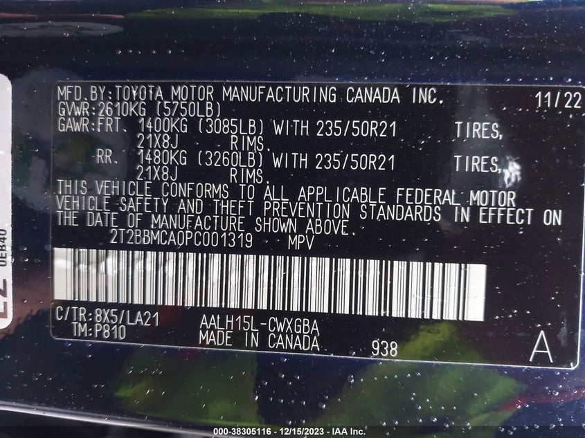 VIN 2T2BBMCA0PC001319 2023 LEXUS RX 350H LUXURY